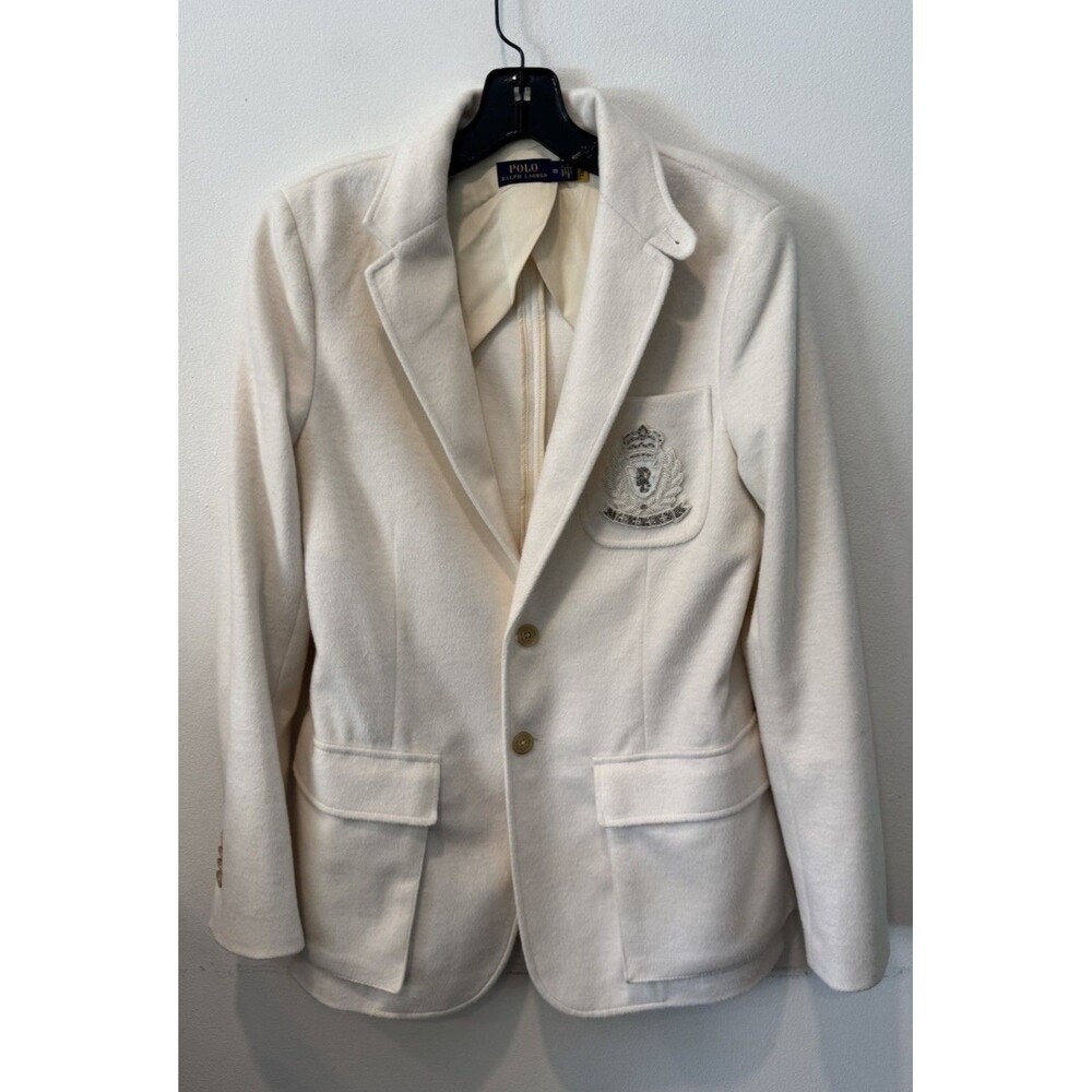Polo Ralph Lauren Creme Crest Patch Wool Blend Blazer Women’s 10 Quiet Luxury - Picture 3 of 14